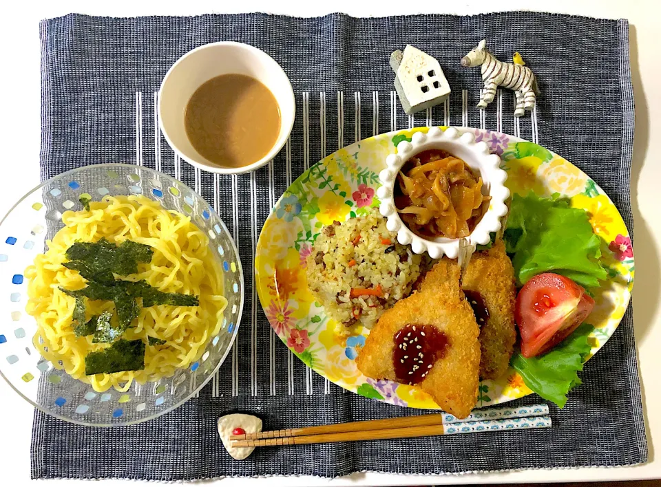 ✳︎ざるラーメン✳︎アジフライ✳︎カレー炒飯✳︎ポークチャップ|syamさん