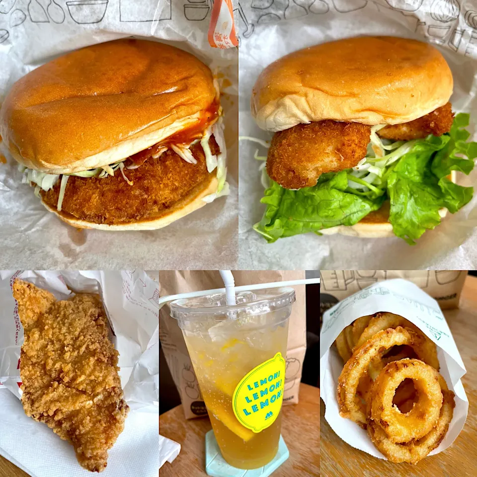 海老オマール🦞バーガー🍔　　真鯛カツバーガー🍔　　オニオンフライ🧅　　モスチキン🍗　　まるごとレモン🍋のジンジャエールwith甘夏🥤|るみおんさん