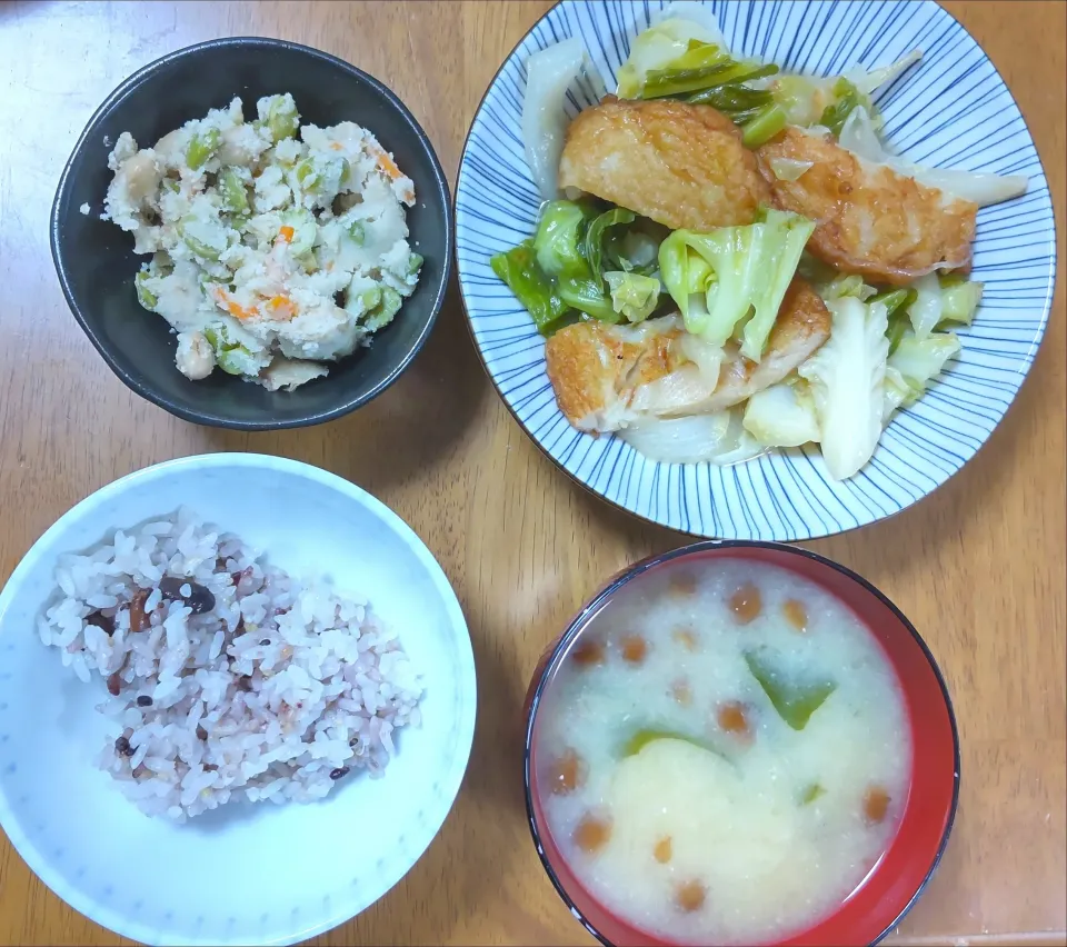 ５月５日　桜エビ天と春キャベツのさっと煮　うの花　なめことわかめのお味噌汁|いもこ。さん