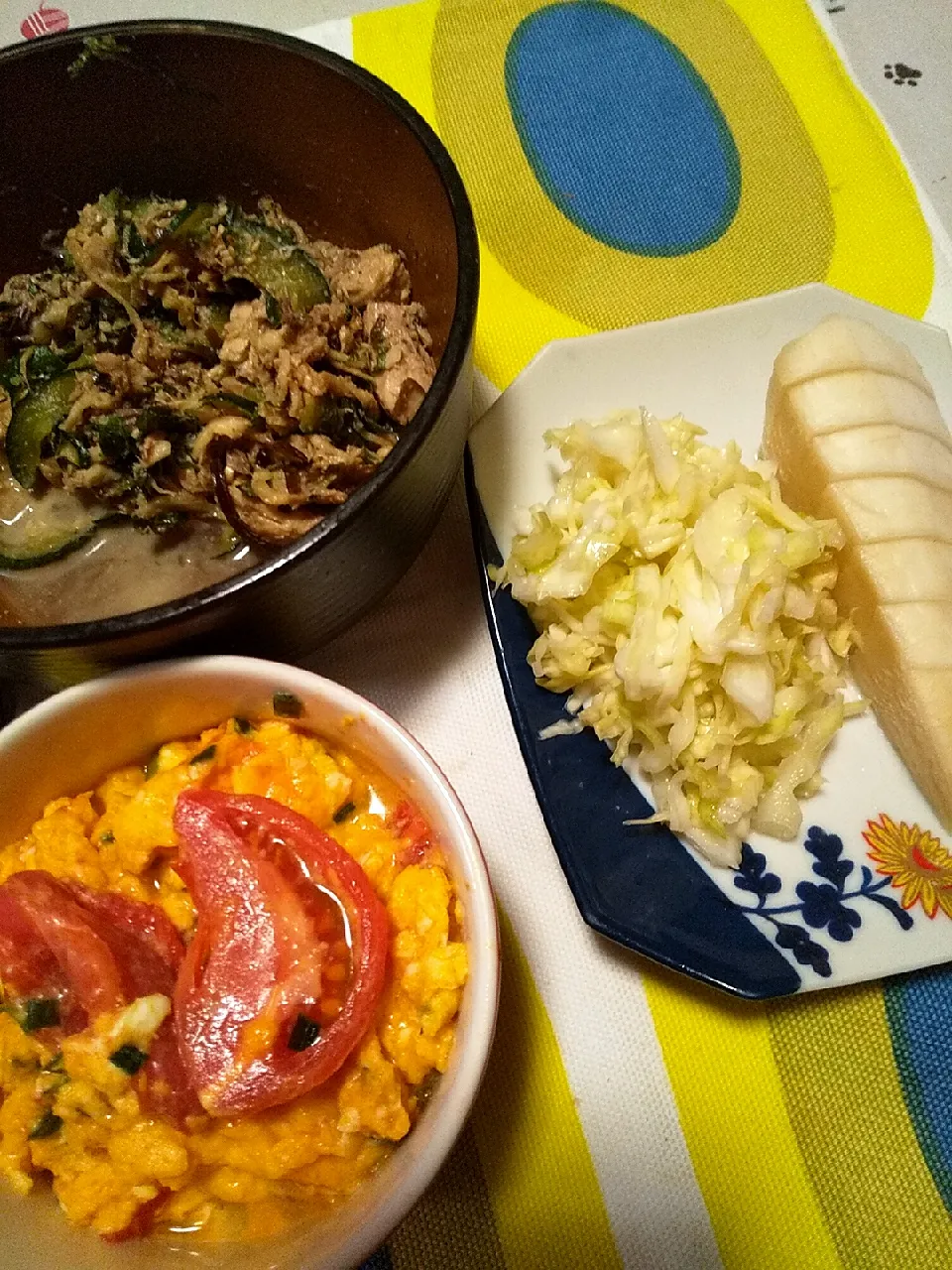 今日の晩御飯
※トマトと卵のニラ醤油炒め
※サバ缶のごちゃ混ぜおつまみサラダ
※大根の糠漬け
※酢キャベツ
※焼酎ハイボール|れあMIXさん