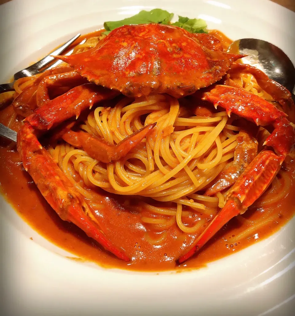 トマトと🍅渡り蟹のエキスたっぷりの濃厚パスタ🍝美味し~ょ~🦀熱々がたまらない‼️#渡り蟹パスタ|💍ごはん🍚さん