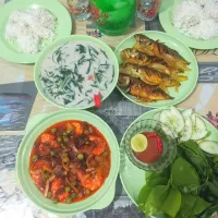 Snapdishの料理写真:Malaysia lunch set:
Sambal udang@prawn
Ikan goreng
Masak lemak putih bayam|The Suhaimi Channelさん