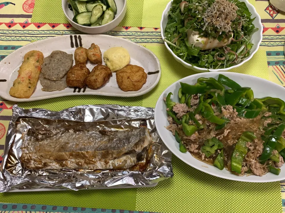 太刀魚塩焼き、ピーマン春雨、豆腐サラダ、さつま揚げ、きゅうりぬか漬け|peanutsさん