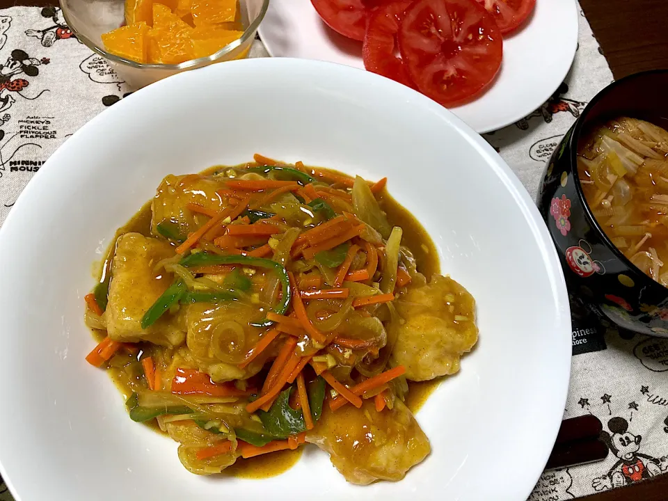 Snapdishの料理写真:鶏むね肉の和風カレー風味あんかけ|Emiさん