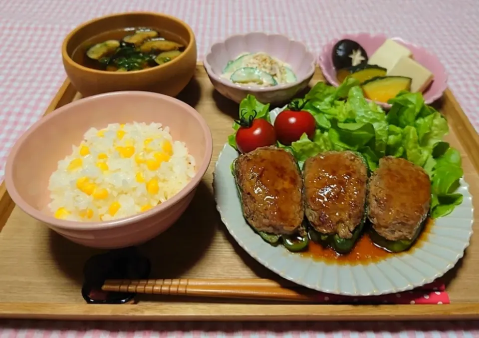 ❁甘辛ピーマンの肉詰め
❁せんぎり大根ときゅうりのツナマヨサラダ
❁黒皮かぼちゃと高野豆腐の煮物
❁とうもろこしごはん
❁揚げ茄子のみそ汁|みかんちょこさん