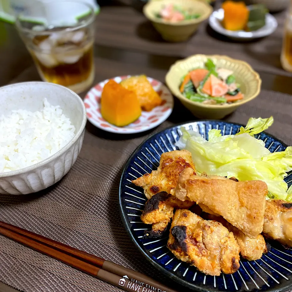 大豆粉使用！ノンフライ唐揚げ　小松菜のあかりマヨ和え　かぼちゃ煮|ちぐあささん