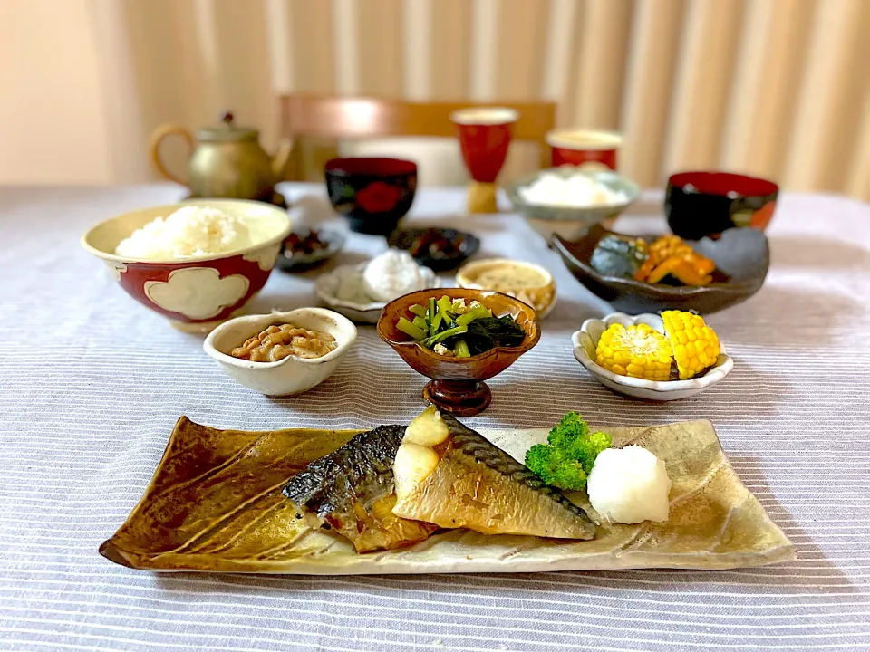 Snapdishの料理写真:鯖の塩焼きと南瓜そぼろ煮の晩ごはん🍚|ゆかりさん