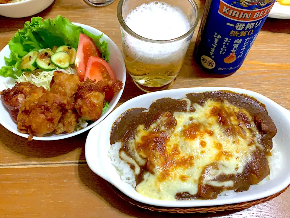 焼きカレー&唐揚げ✨ハイカロリーだわ😅|もぐぷーさん