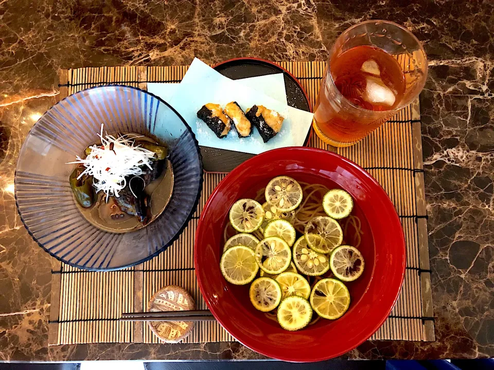 Snapdishの料理写真:すだち蕎麦🎐朝ごはん🎐(ナスの煮びたし・山芋磯辺揚げ)|💍ごはん🍚さん