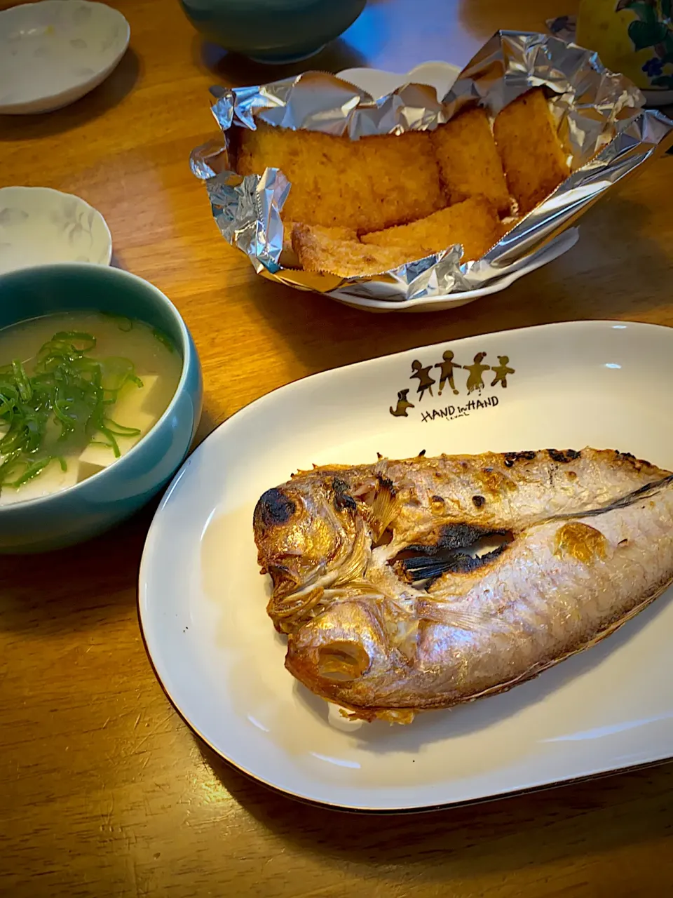 金目鯛の干物と、ガンス焼きと、なめこと豆腐の味噌汁|もえさん