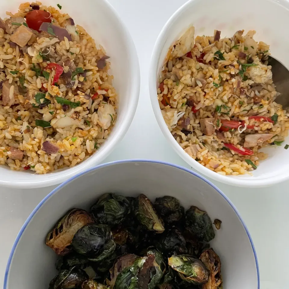 Snapdishの料理写真:Fried rice with homemade char siew and crab. Purple Brussel sprouts|Ong Sor Fernさん