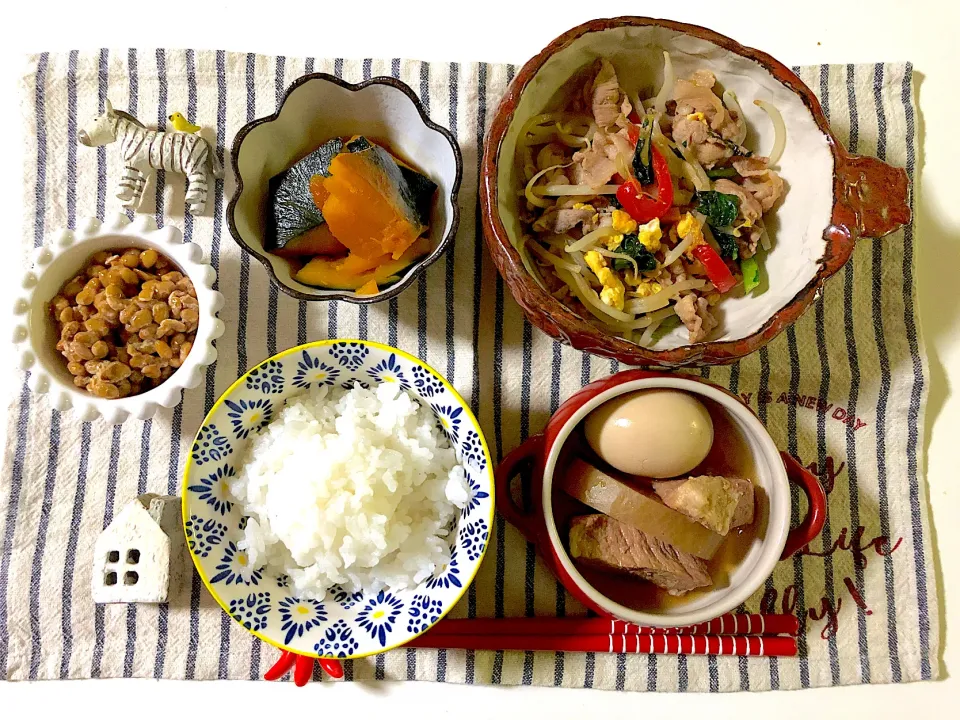 ✳︎肉野菜炒め✳︎かぼちゃの煮物✳︎豚肉と大根の煮物✳︎納豆|syamさん