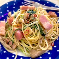 Snapdishの料理写真:ベーコンと水菜のパスタ|Saoriさん