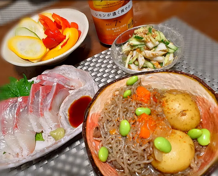 肉じゃが
竹輪ときゅうりのおかか和え
ヒラマサ🐟刺身|びせんさん