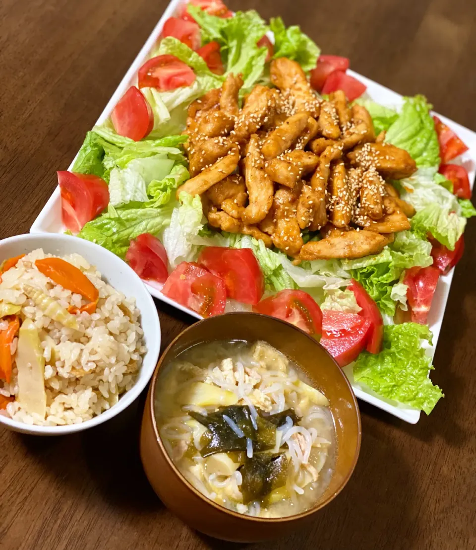 たけのこご飯&たけのこ汁&甘辛チキン|み〜さん