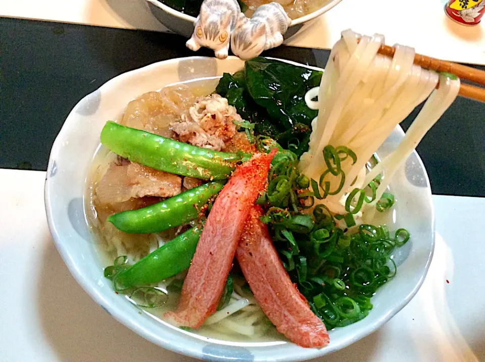 余った牛丼の具とカニっぽいかまぼこと鳴門のワカメで冷やしぶっかけうどん|Takeshi  Nagakiさん