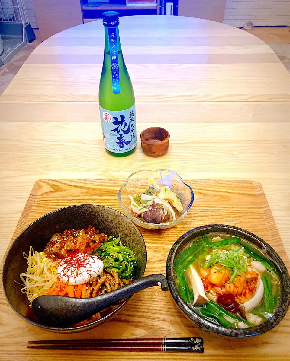 今日の夕食　ビビンバ丼　スンドゥブ　鰹と文旦の香味漬け|ふわ猫はなちゃんさん