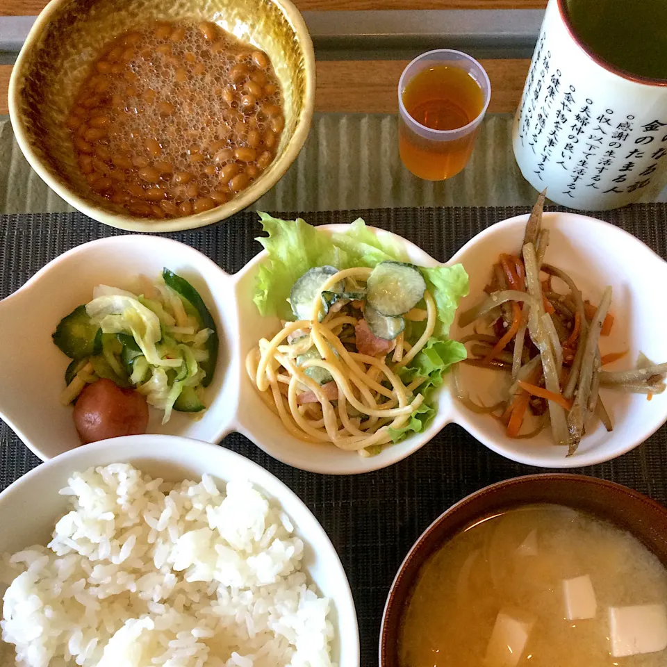 Snapdishの料理写真:2021年6月1日男前美容師の手作り朝ごはん　納豆ごはん　スパサラ　キンピラごぼう　キャベツとキュウリ浅漬け　豆腐と玉ねぎ味噌汁　今日も美味しくいただきました😄|Booパパさん