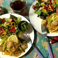 ホタテとアスパラの雲丹醤油ガリバタパスタ🍝なだちいちゃんありがと💓