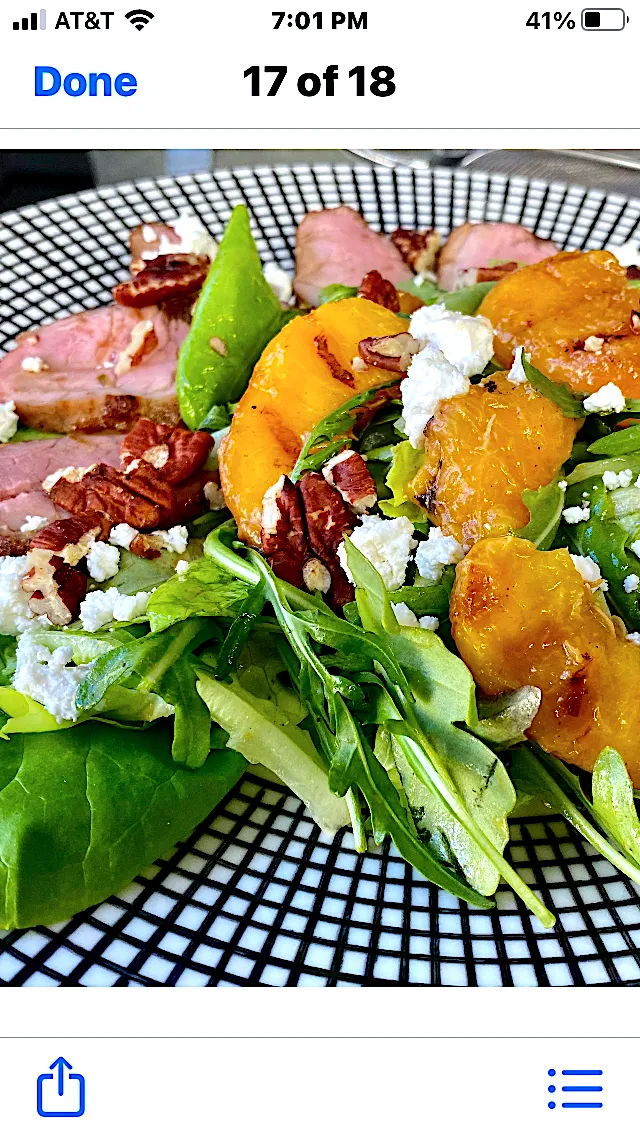 Snapdishの料理写真:Grilled Peach and Pork Tenderloin Salad with Goat Cheese and Candied Pecans|Christine pavelkaさん