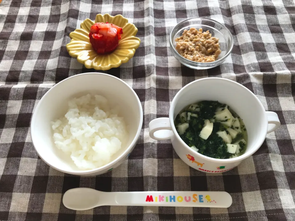 【離乳食】小松菜と豆腐の味噌汁、納豆、おかゆ、いちご|sayaさん