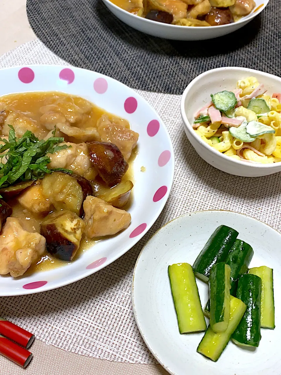 鶏と茄子のみぞれ煮、やみつききゅうり、マカロニサラダ|kaaaaaさん