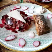 Snapdishの料理写真:Terrine de chapon et haricots verts, carmine, noix et vinaigrette au fromage de chèvre, radis et triangle de fromage chèvre brebis|Li Tutucさん