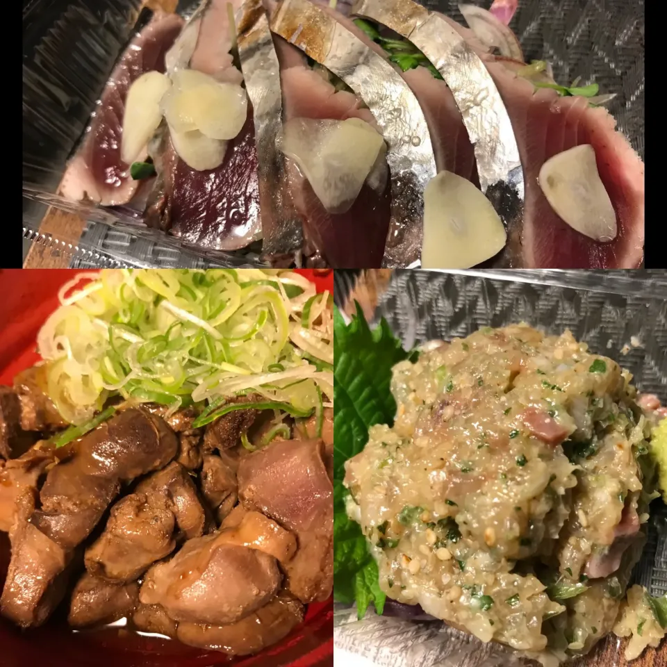 Snapdishの料理写真:カツオの塩たたき、ブリのなめろう、純レバ。|KOMAさん