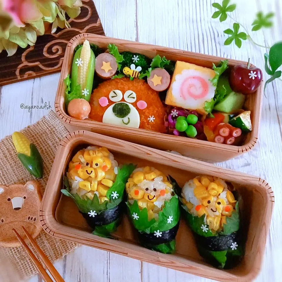 Snapdishの料理写真:🌽とうもろこしおにぎりと
🐻くまさんコロッケ弁当|ayano.adshさん