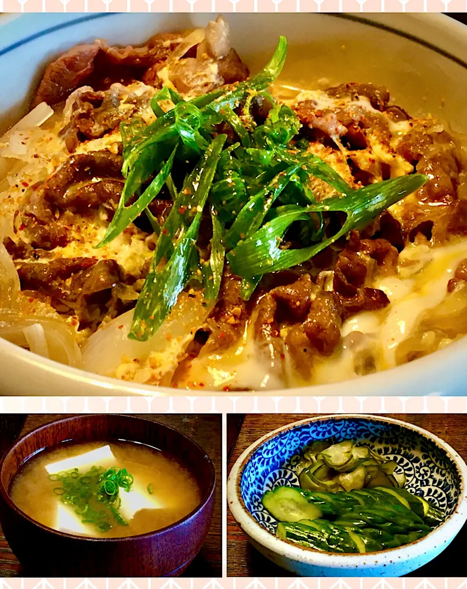 Snapdishの料理写真:昨夜の肩ﾛｰｽ肉で＂牛丼•卵とじ＂        (５分づき玄米)|mottomoさん