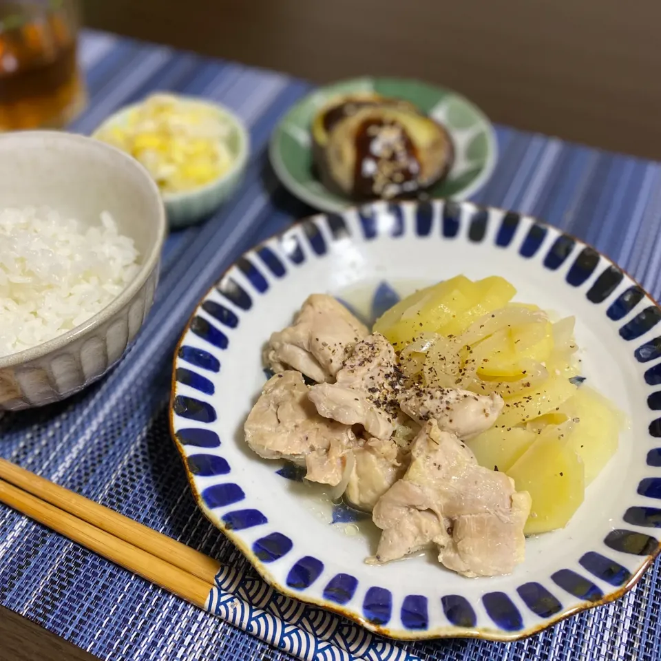 レンジで塩鶏じゃが　白菜サラダ　なす田楽風|ちぐあささん