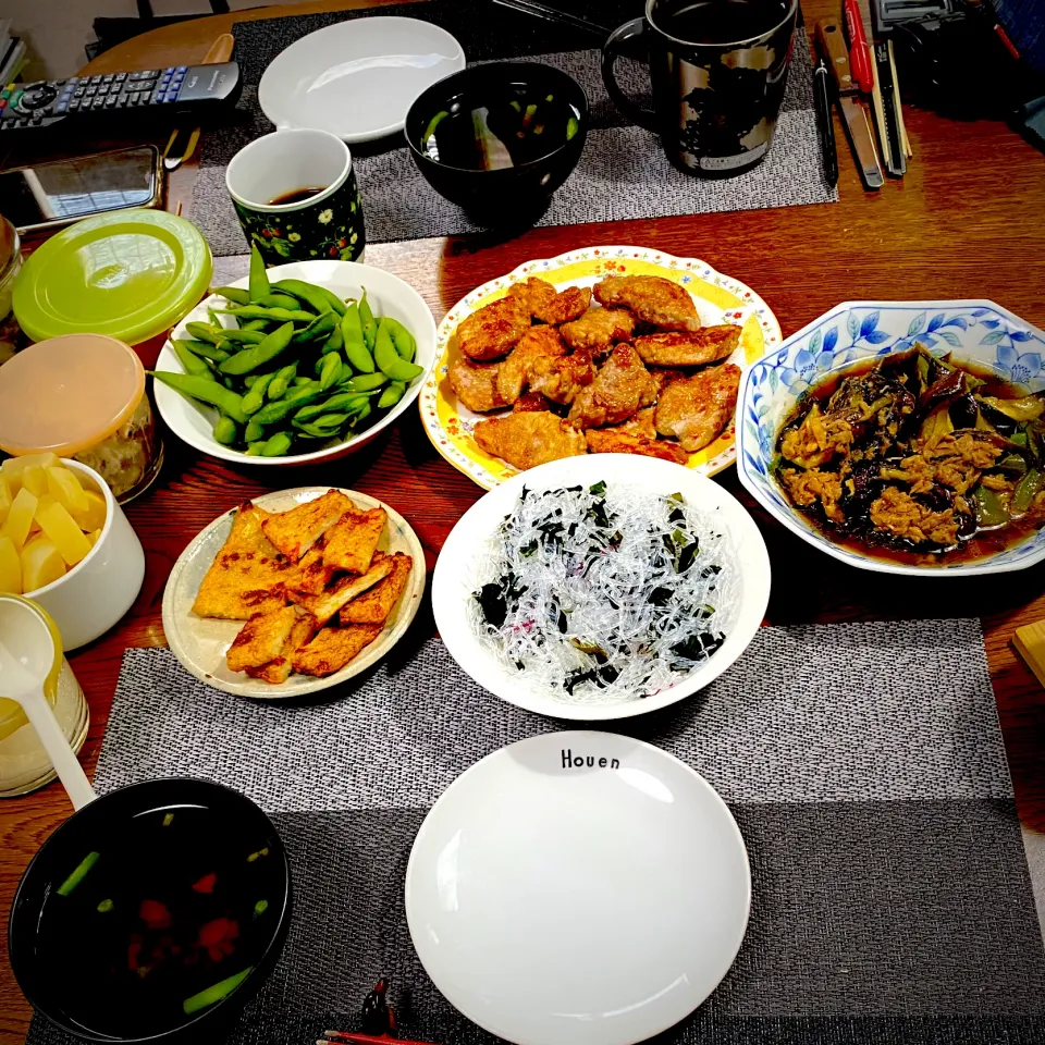 豚ヒレ肉照り焼き、茄子とピーマンとツナの煮物、枝豆、海藻サラダ、常備菜、漬物|yakinasuさん