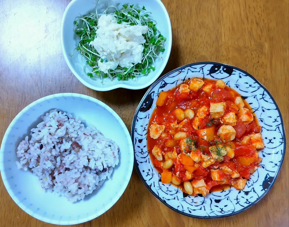 ５月１８日　チキンと大豆のトマト煮　サラダ|いもこ。さん