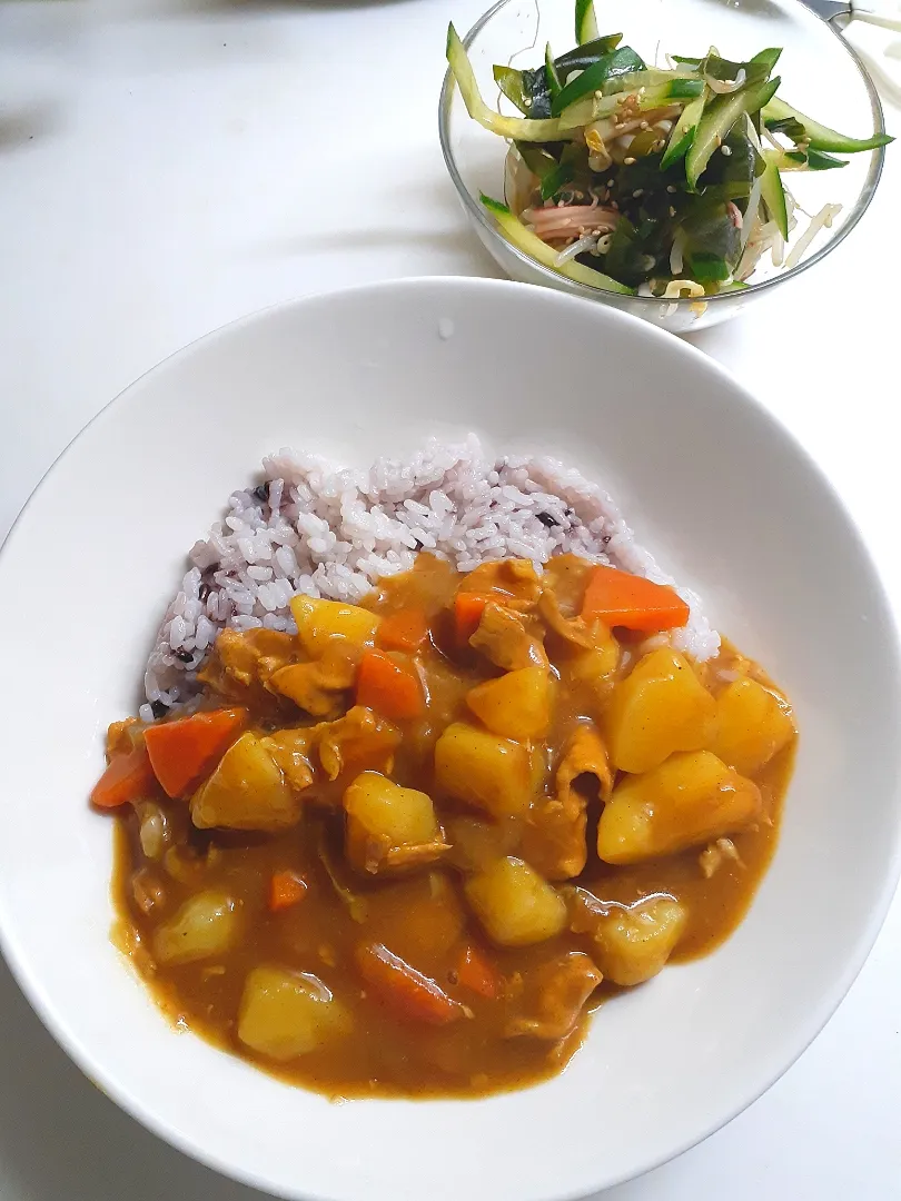 ☆冷凍庫使いきり週間☆豚カレー、もやしと若芽のサラダ|ｼｮｺﾗさん