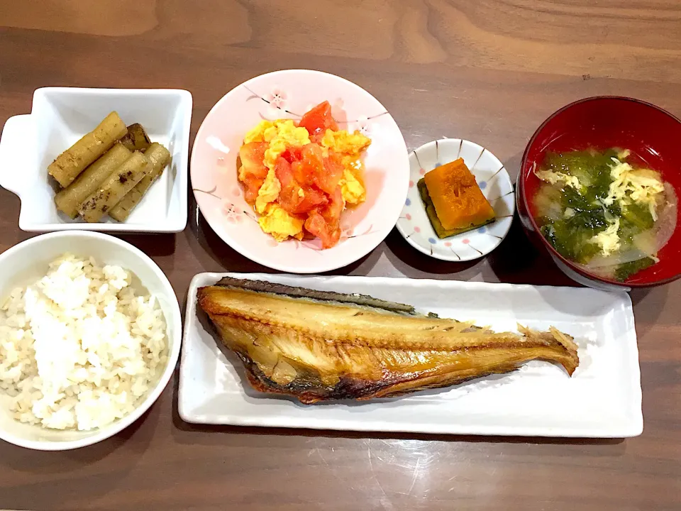 ほっけの開き 玉ねぎとレタスの味噌汁 かぼちゃの煮物 トマトと卵の中華炒め たたきごぼう|おさむん17さん