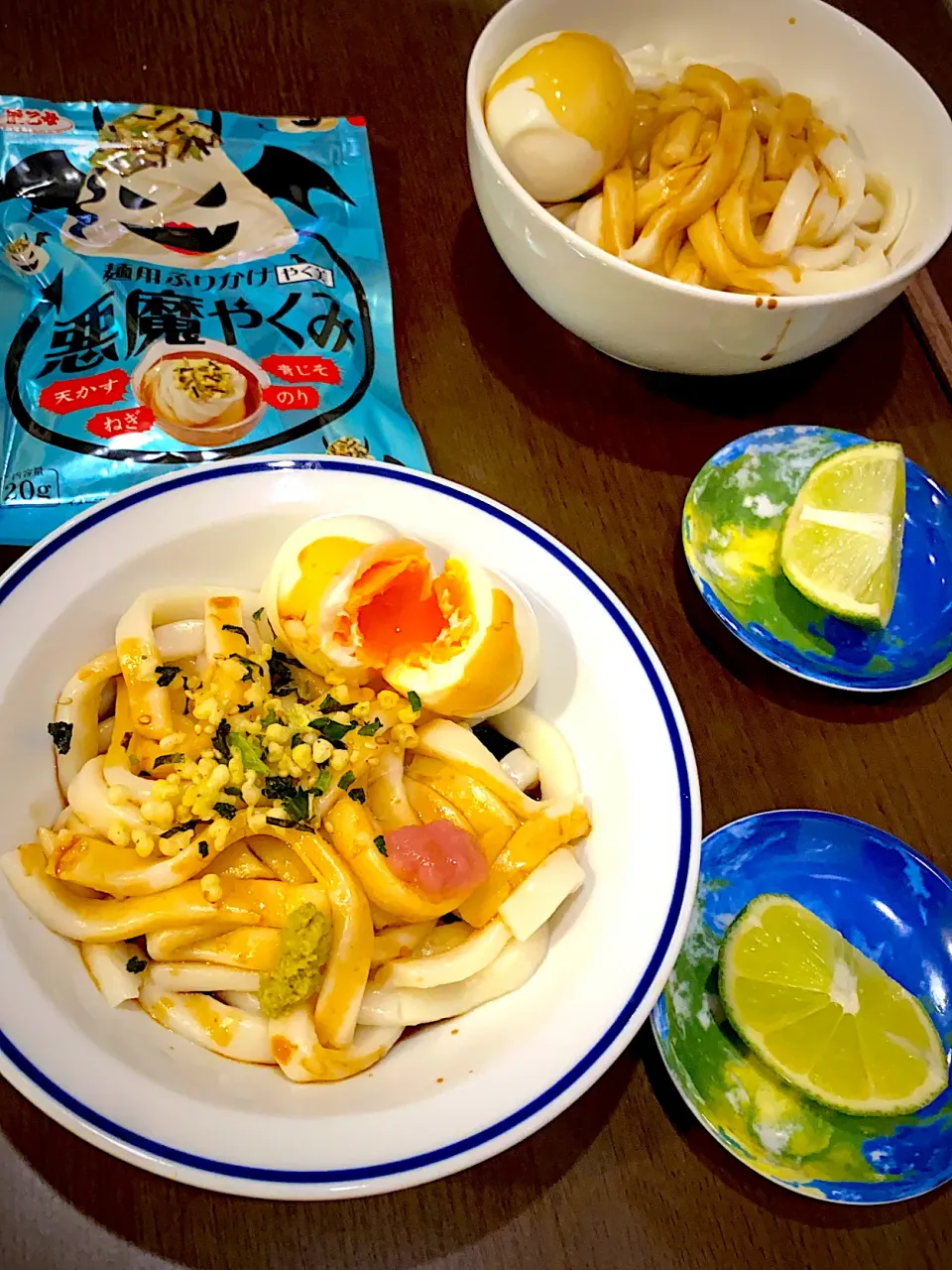 伊勢うどん　半熟卵　みょうがペースト　山葵　悪魔の薬味　ライム　麦茶|ch＊K*∀o(^^*)♪さん