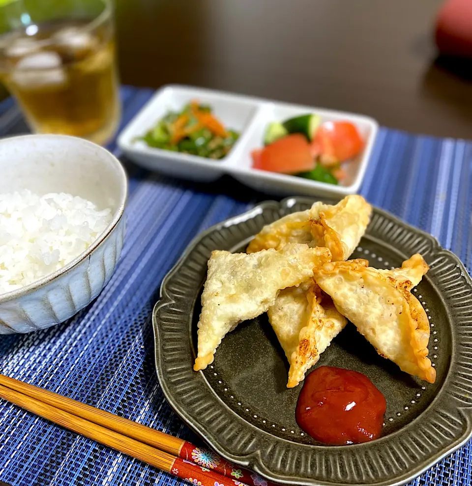 サバ缶サモサ　人参ピーマンのきんぴら　トマトときゅうりの和え物|ちぐあささん