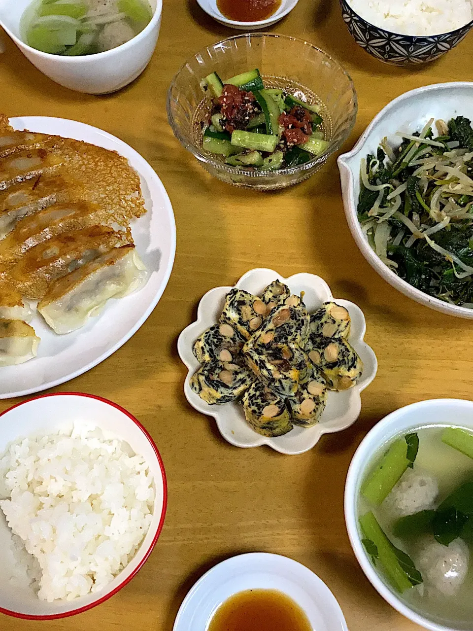 #ナムル　 #ひじき煮入卵焼　 #中華スープ　 #冷凍餃子　 #たたき梅きゅう|𝕜𝕪𝟙𝟘𝟚𝟘𝟙𝟠さん