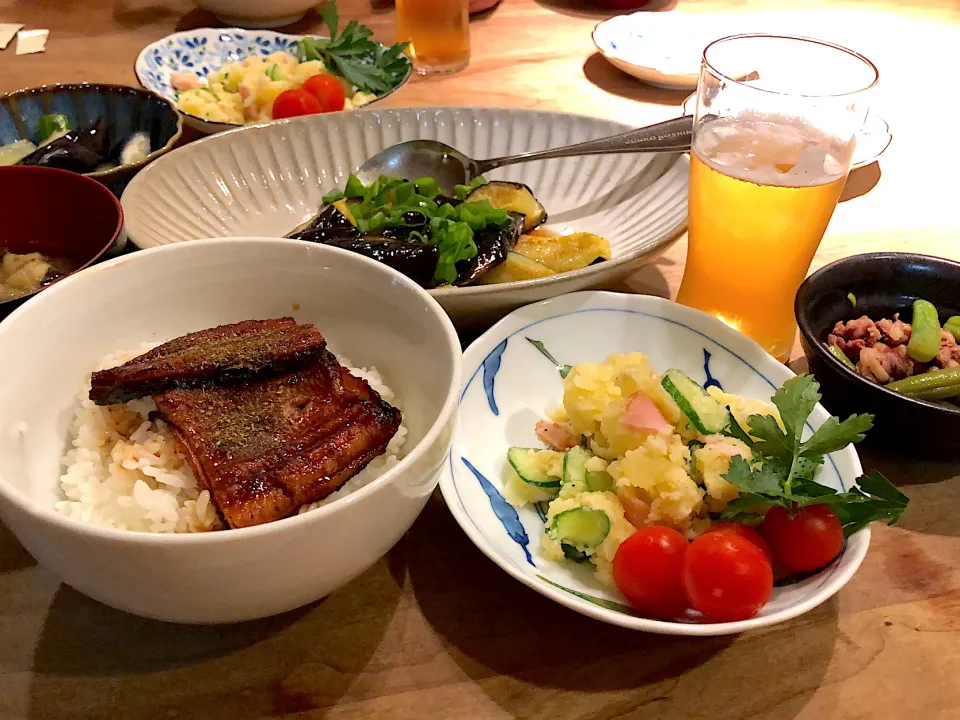 鰻丼・ポテトサラダ・揚げ茄子|くり子さん