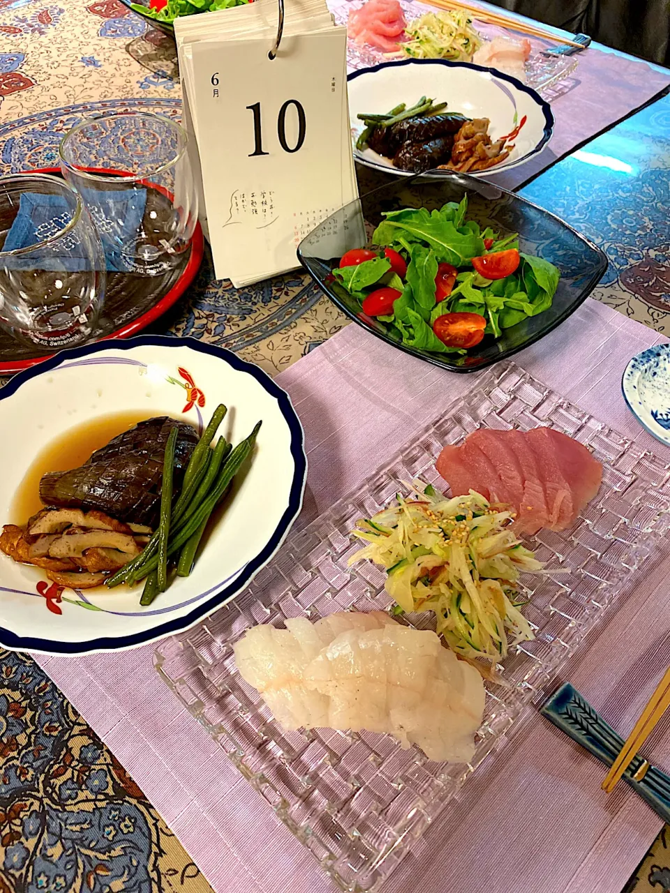 ヒラメとキハダマグロお造り、茄子の炊きもの|papinさん