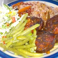 Snapdishの料理写真:Baked Chicken,Sauted vegetables,Sauted String bean with Rice&Peas|The Jamaican Queenさん