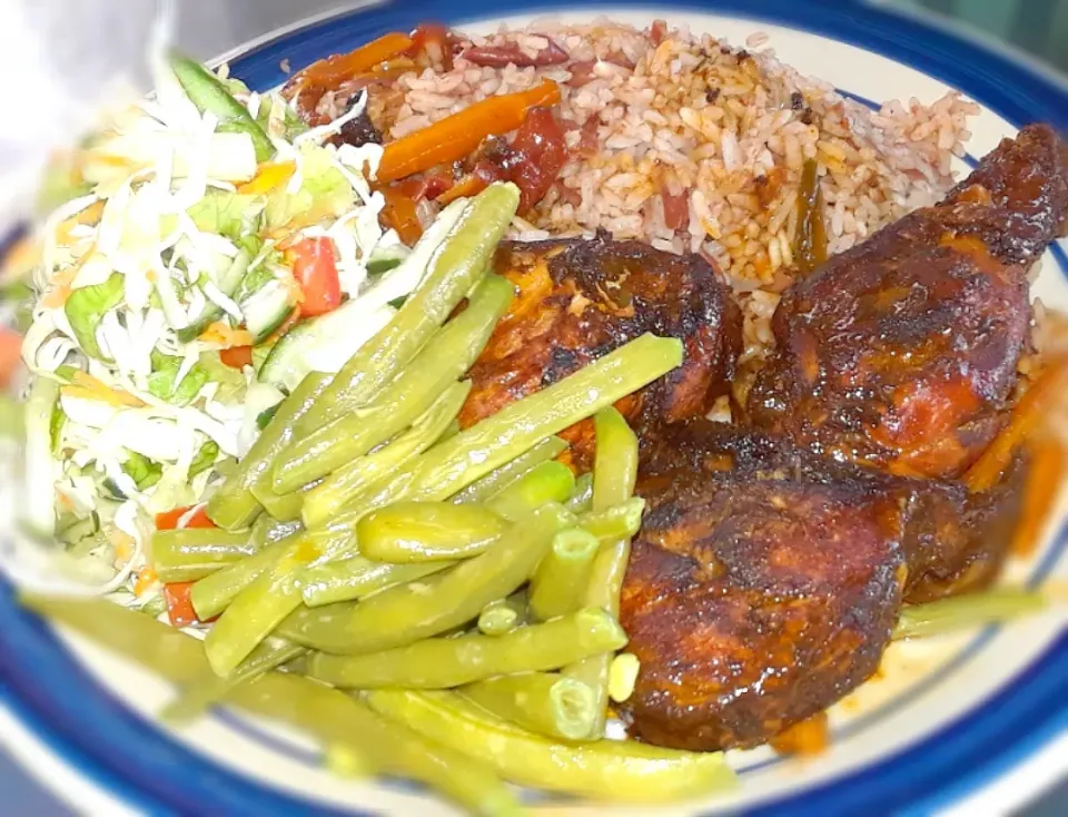 Baked Chicken,Sauted vegetables,Sauted String bean with Rice&Peas|The Jamaican Queenさん