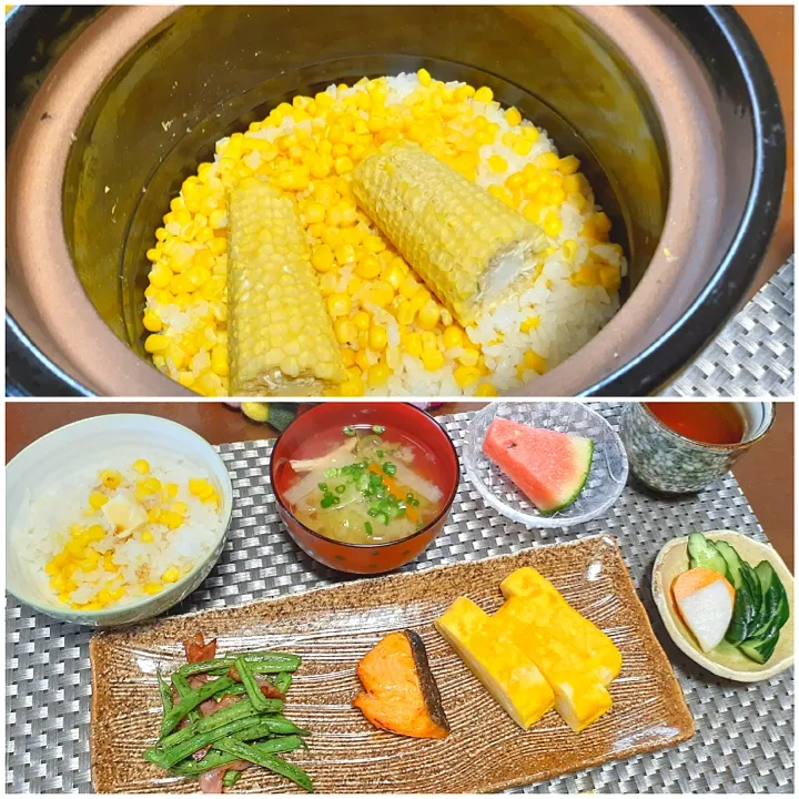 とうもろこし🌽ご飯🍚の朝食🌄|びせんさん