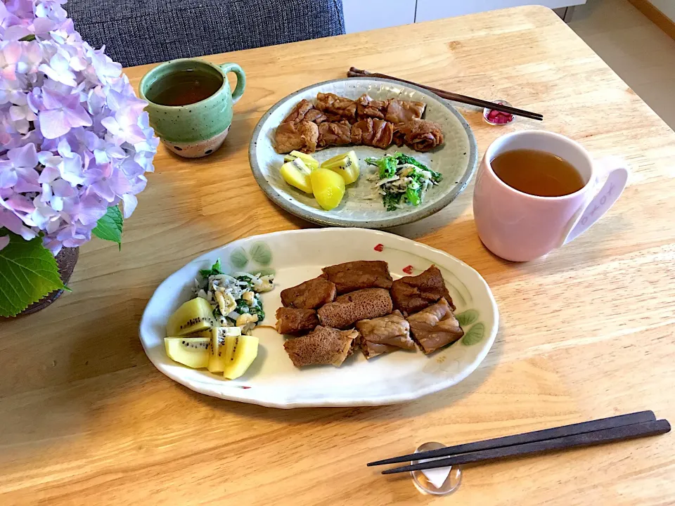 Snapdishの料理写真:沖縄恋し〜💜ちんびん＆さんぴん茶の朝ごはん٩꒰*´◒`*꒱۶ෆ͙⃛|さくたえさん