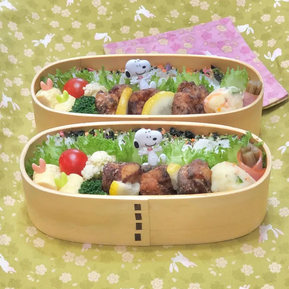 鶏モモ唐揚げ☘の双子ちゃんお弁当💙❤️ 5/28金|sweet homeさん