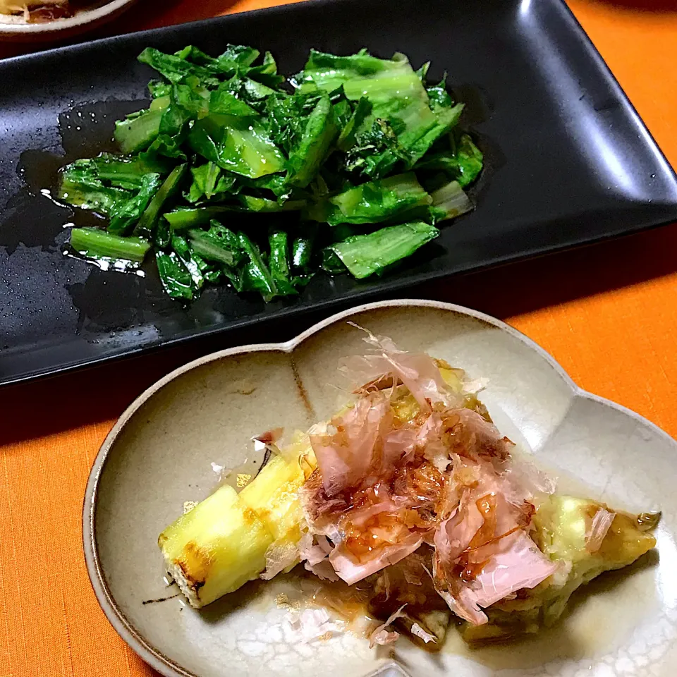 油麦菜のオイスターソース炒めと佐土原ナスで焼きナス|ゼニコさん