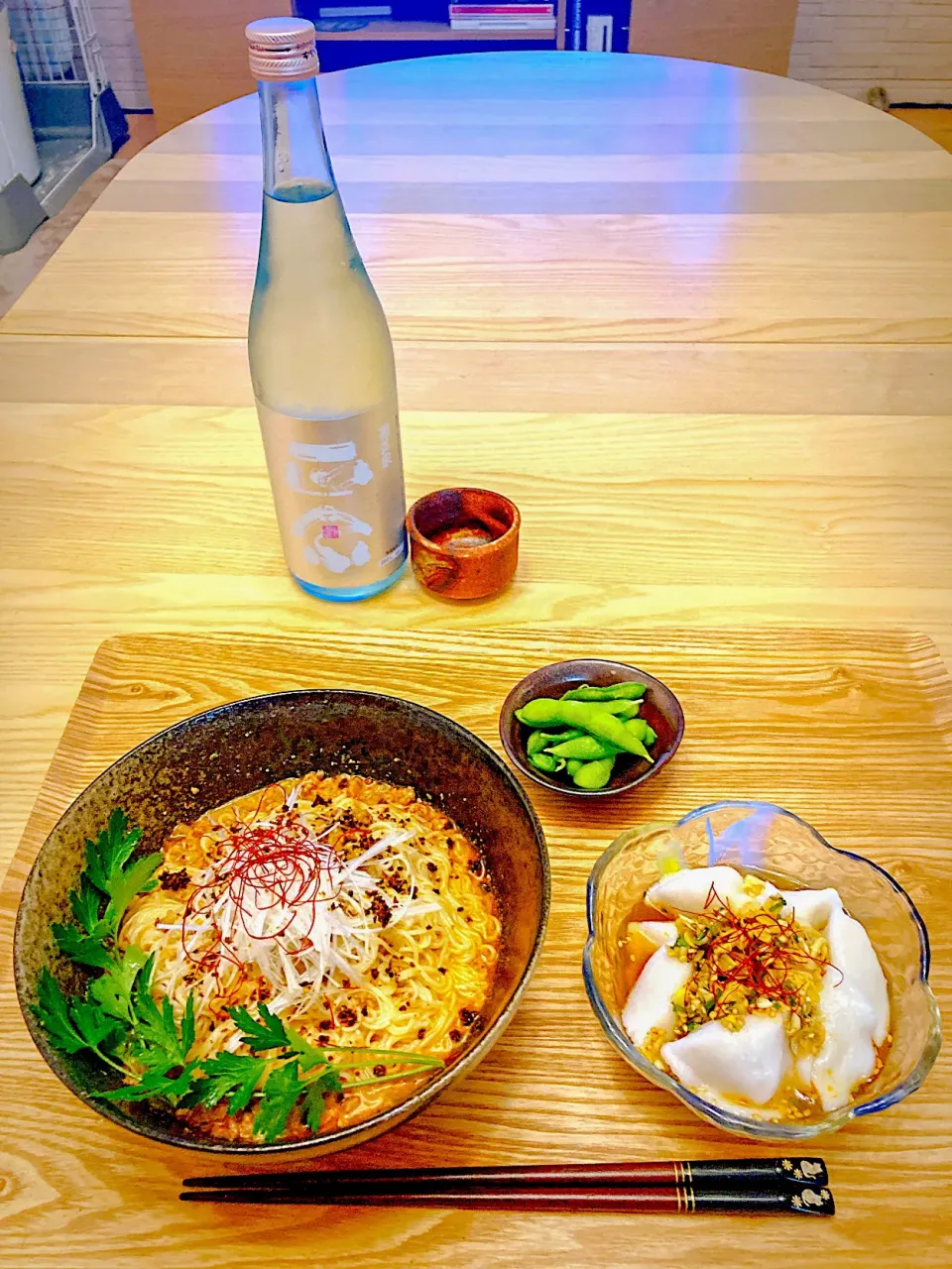 今日の夕食　冷やし坦々そうめん　冷水餃子　枝豆|ふわ猫はなちゃんさん