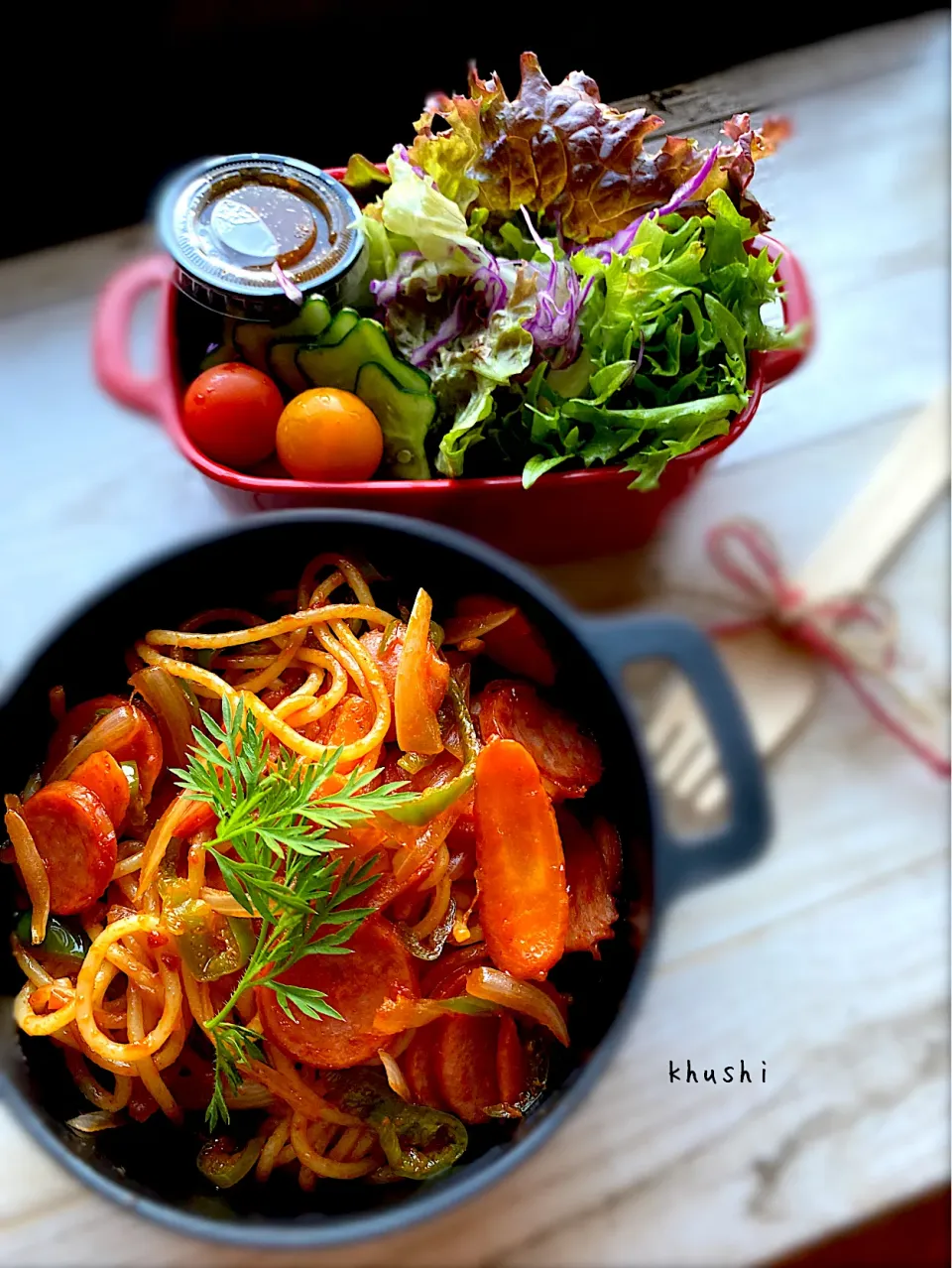 ご飯がない〜っ💦からの、ナポリタン🍝と3種のレタスサラダ🥗のアタフタ小僧弁当🍱|KOZUEさん