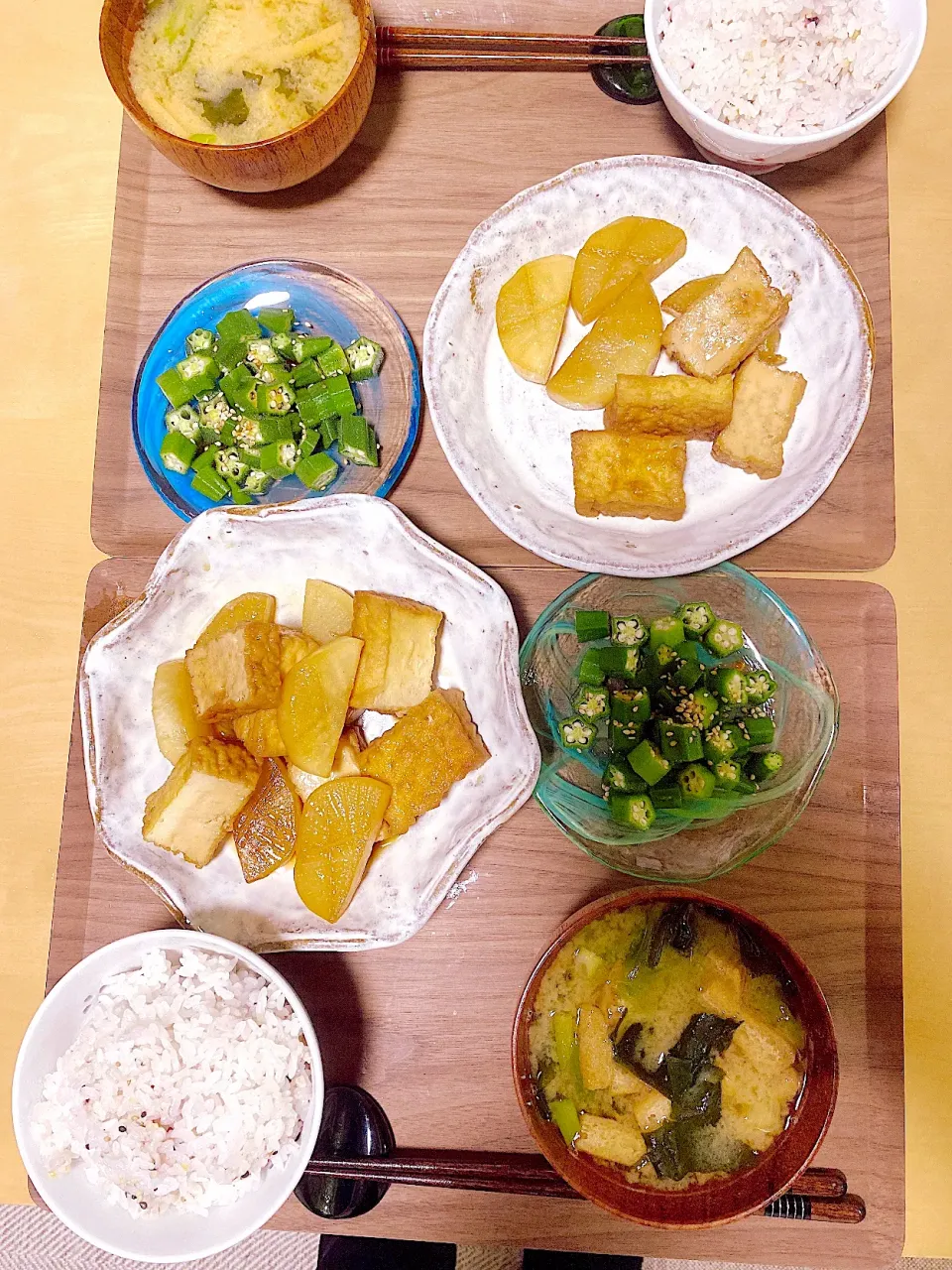 大根と厚揚げの煮物❁︎オクラ❁︎お味噌汁|まゆさん