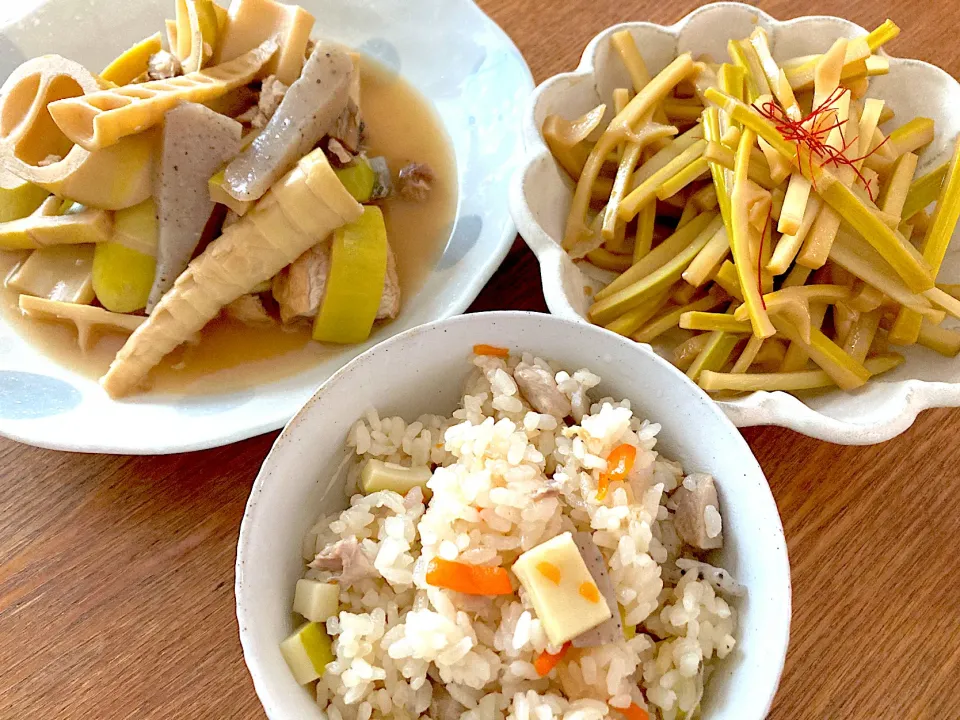 タケノコづくし（タケノコご飯、メンマ、タケノコ煮）|ピンキーさん